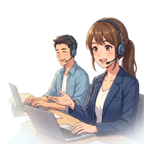 Two friendly VELTRIX support team members with headsets, working on laptops beside floating chat bubbles